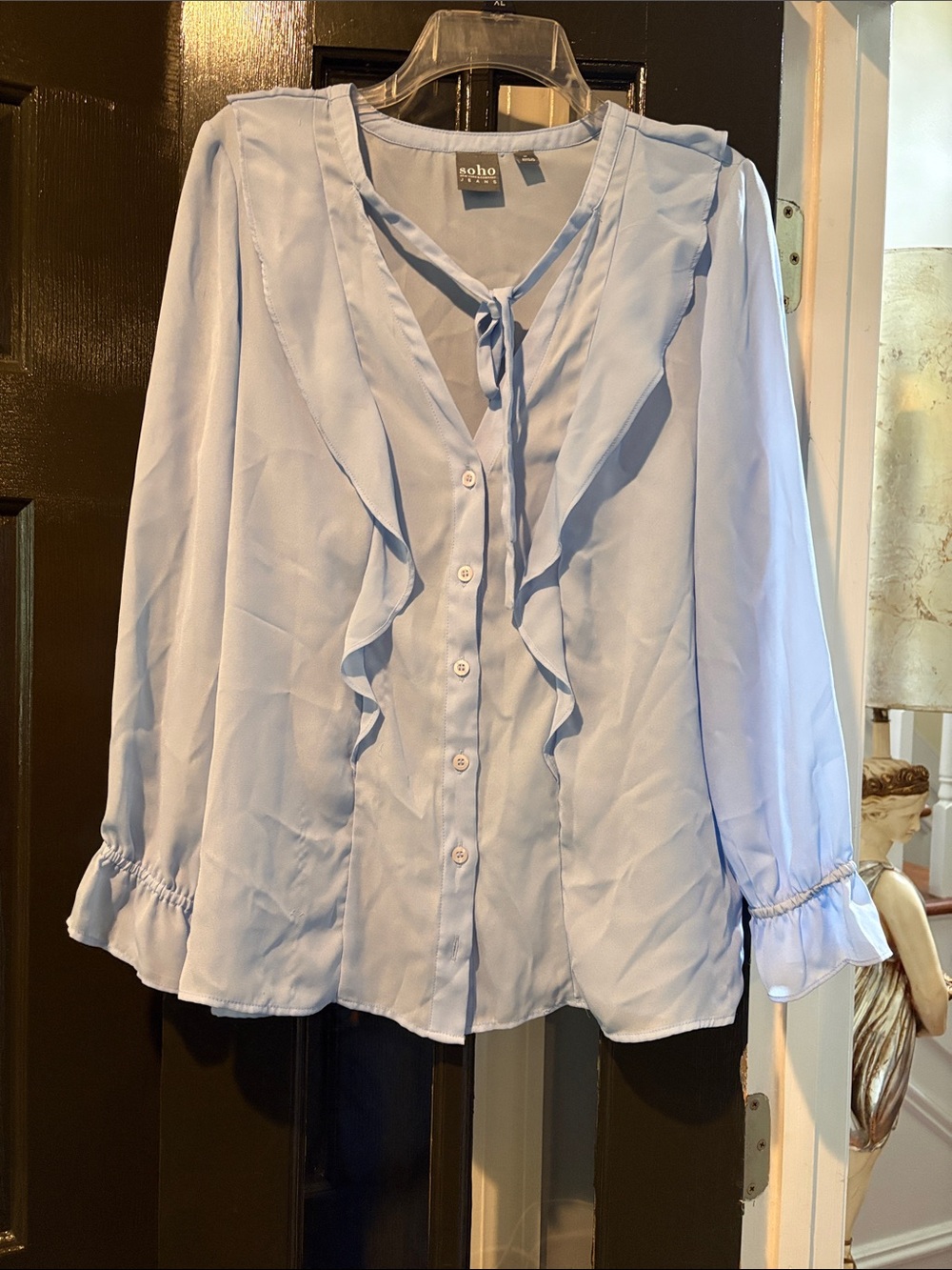 Soho Pale Blue Ruffle Tie-Neck Blouse